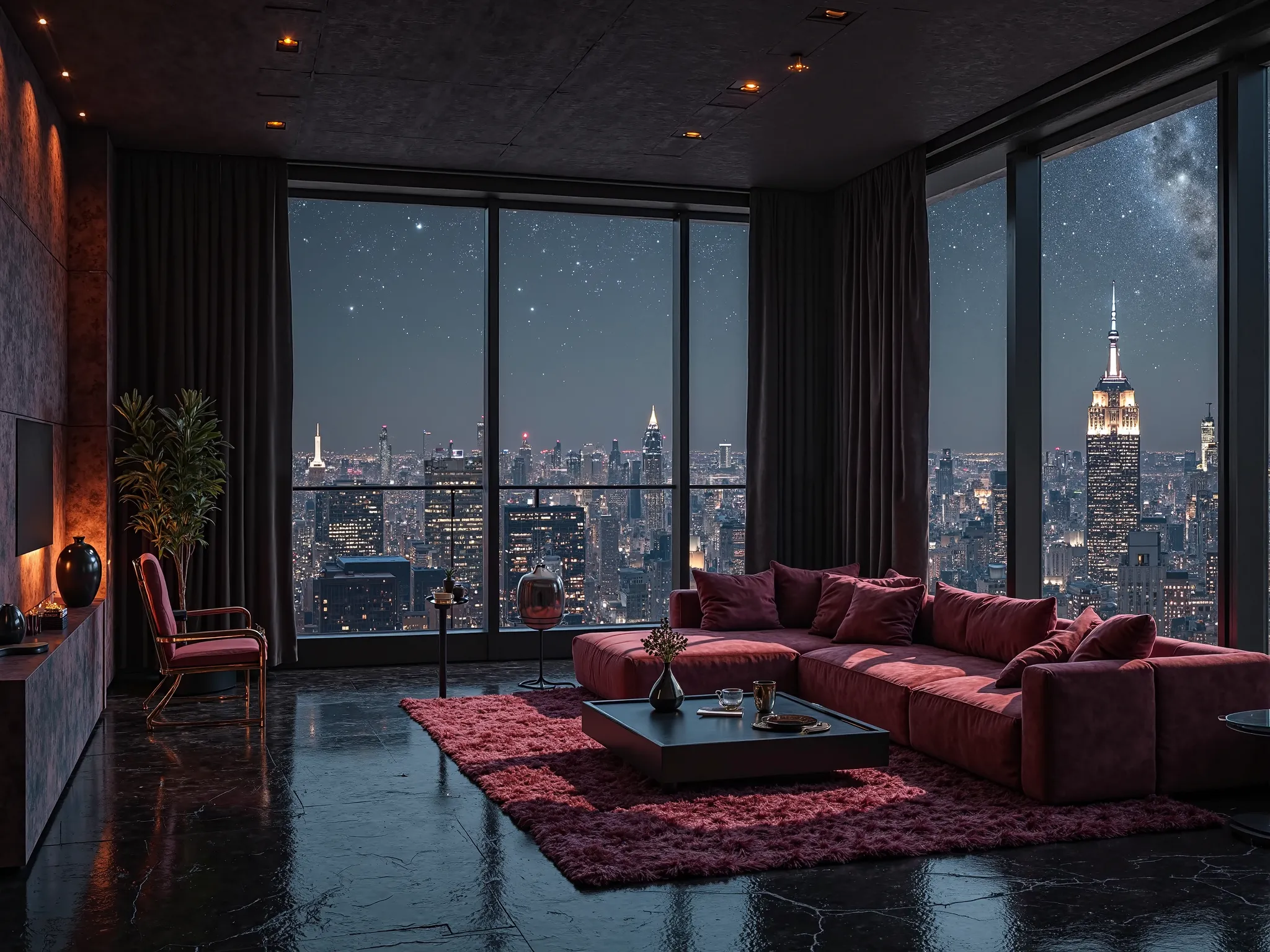 My dreamy Brutalist-style luxury penthouse apartment in Manhattan, Dark colors, blacks, wine, Dark,  at night, Reflecting the stars, Buildings nearby, Beautiful view