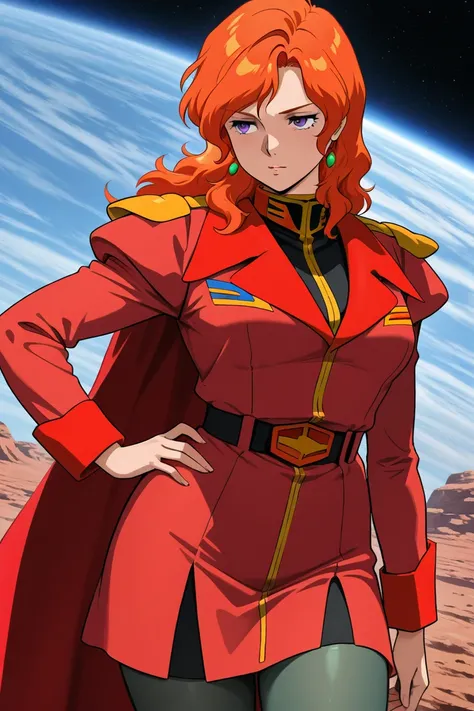 higmasterpiece, best quality, very aesthetic, absurdres, newest, amazing quality, highres BREAK, breasts, curvy, scenery,  day,hand on hip,\(Gundam\), Cecily fairchild, Berah Ronah, earrings, jewelry, orange hair, purple eyes, long hair,Bangs, red uniform,...