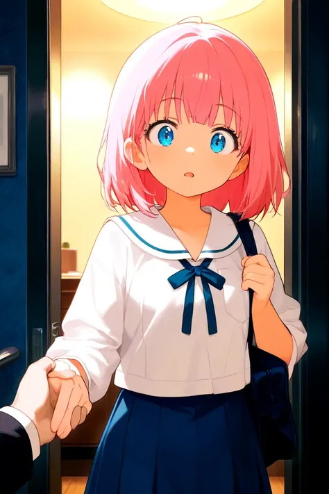  girl、pink hair、light blue eyes、 school uniform、Carrying a school bag、You will be taken to a hotel、男性の手が girlの手を掴む、getting grabbed by a man、in p、 surprised