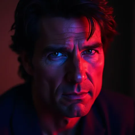 Tom Cruise, Detailed eyes, Neon light, contour light, (Best quality,4K,8 k,high resolution, Masterpiece :1.2),super detailed, elaborate face , portrait,cinematic lighting,dramatic lighting, dramatic colors, (Colored eyes:1.0) (Shining light:1.1)