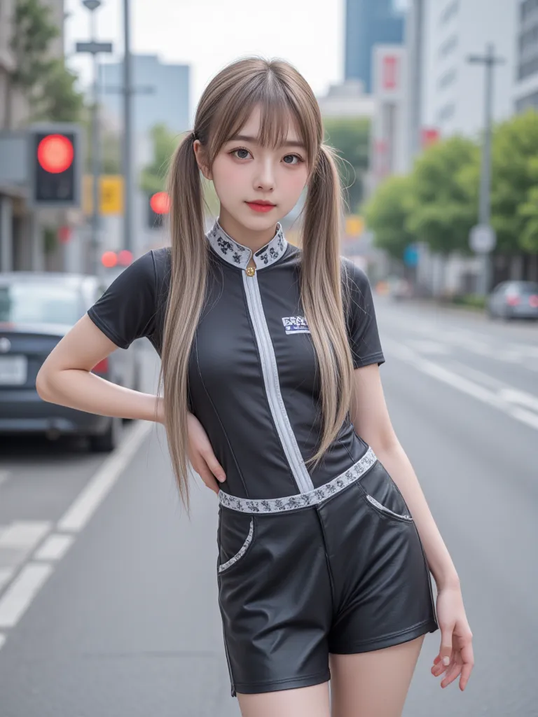 Highest quality, RAW photo, Ultra HD, 18-year-old Korean, beauty, big breasts:1.5, breast crack:1.5, healthy skin tone, fair and smooth skin, (twintails, Flowing hair), ((Light brown silver hair)), beautiful eyes in various colors, thin lips, beautiful eye...