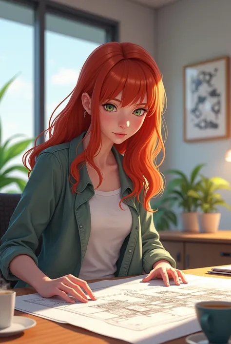 Red-haired girl seeing plans in the office 