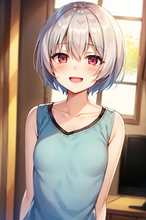 ((Highest quality)), ((masterpiece)), (be familiar with), perfect face, indoors, bedroom, watching viewers,
One woman, Rei Ayanami,
open mouth, ecstatic expression, blush, smile,
 small tits, flat chest, Young girl,  lori,  ,  girl,
Short Hair, short hair,...