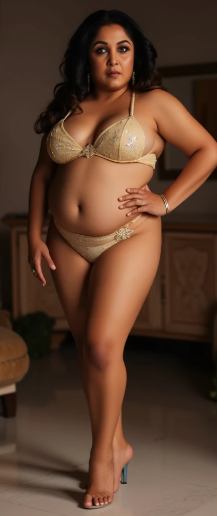 ((Full-body image ((her heels visible))((seductive pose)),((low-angle)),((camera positioned in floor)),8k,indian,50 year old brown skin milf with (facial wrinkles),(masterpiece, 1girl,hourglass tall chubby big busty,milf flat  tummy,(( tall fleshy body)), ...