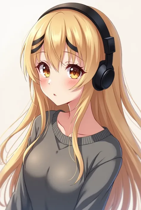 Create a character girl with long hair with black fringe at the roots of the hair and on the tips blond brown eyes look calm and happy fair skin with headphones on her head clothes a gray sweater that is like an anime character 