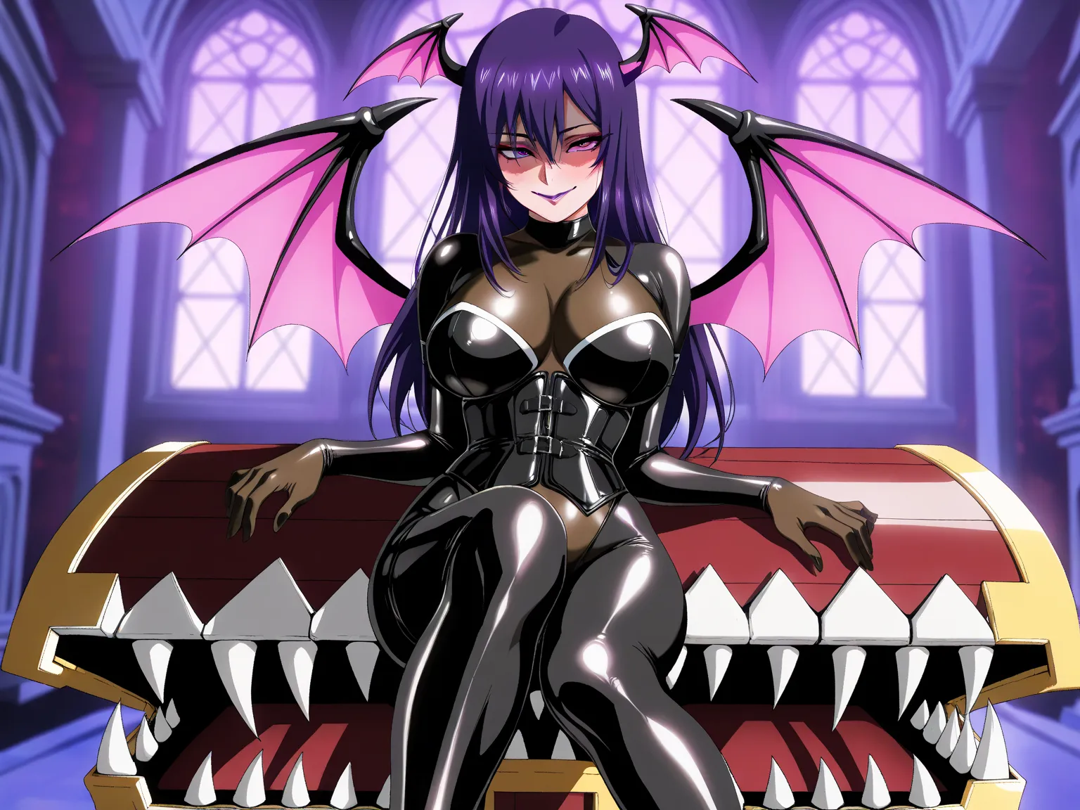 (Unbelievable high resolution, masterpiece, highest quality, highly detailed, CG, high quality anime drawing),One mature beautiful seductive woman,Solo,(Mimic,Boxed,Villain,Succubus in a box),(Latex costume, Corset, Latex, Body stocking),(Purple eyes, Half...