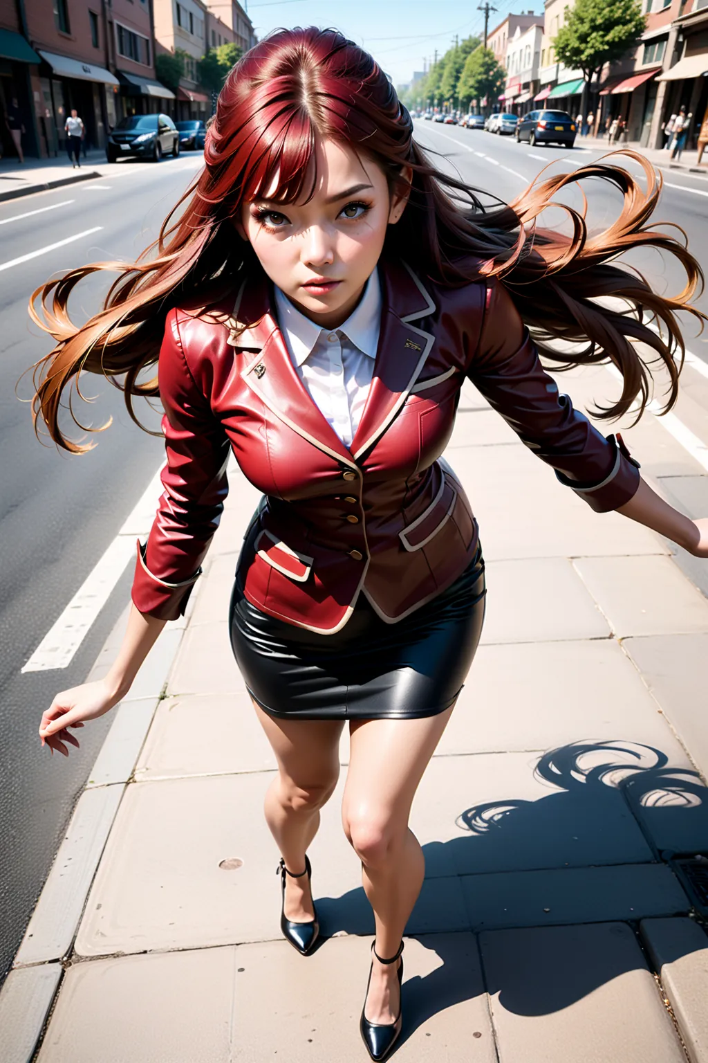 pretty young college girl, sitting posed on stool, at sidewalk street, BREAK, (semi-bang, long hair, half updo, dark-brown hair, red hair, multi), BREAK, ((mocha-brown 3/4 sleeves blazer), (white wide collar polo undershirt), (black pencil mini skirt), bla...