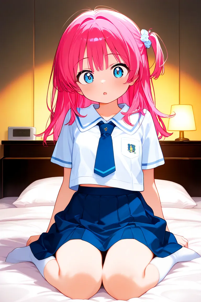  girl、pink hair、 long、light blue eyes、 school uniform、 bed、You will be taken to a hotel、男性の手が girlの手を掴む、getting grabbed by a man、in p、 surprised