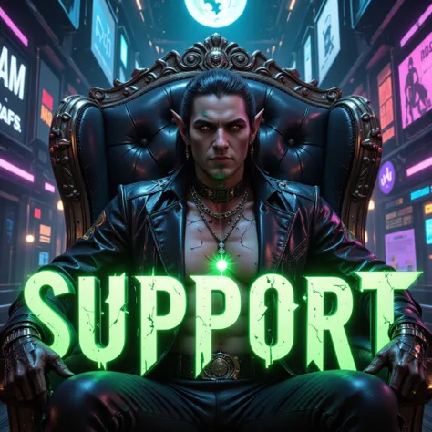 A futuristic, cyberpunk-style alien humanoid crime lord with glowing neon green skin sits in a massive, high-tech black leather throne, radiating dominance. His sharp, angular facial features are chiseled like a statue, with deep, obsidian-black glassy eye...