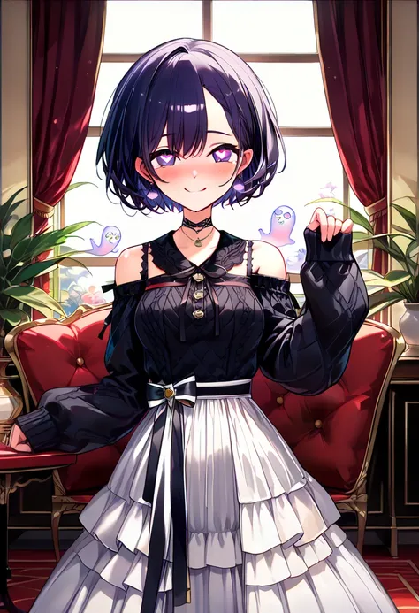 only naked, wholebody, score_9, score_8_up, score_7_up, source_anime, casual wear, Ribbed fabric black sweater, ribbon tie, clothing cutout,long sleeves, hands hide in puffy sleeves, (overly long sleeves:1.4),(sleeves past fingers:1.4) , shoulder cutout, b...