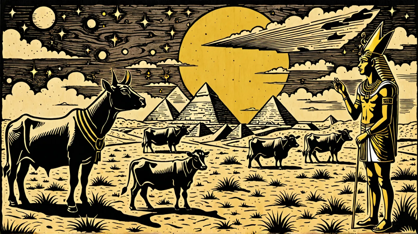 Create a rustic woodcut style image digital art surreal, using only black, beige, and yellow colors.

A pharaoh looking to seven cows, while the number seven floats in the sky 