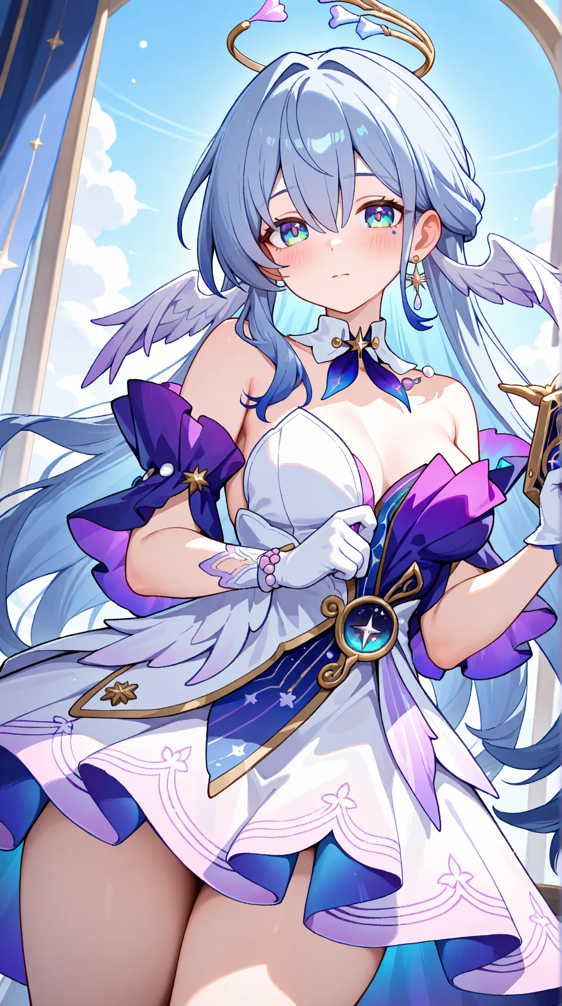 1girl, solo, long hair, breasts, looking at viewer, blush,blue eyes, holding, hair between eyes,thighs, jewelry, bare shoulders, green eyes, blue hair, cowboy shot, earrings, white gloves, white dress,  halo, detached collar, head wings, robin (honkai: sta...