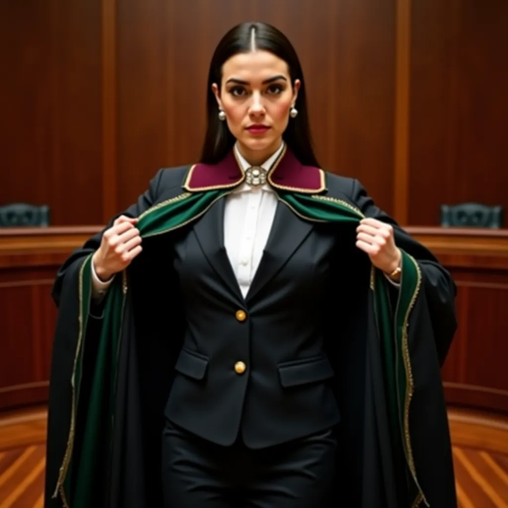 An Azerbaijani female lawyer stands in a formal courtroom, in the middle of putting on her official lawyer's robe. She is dressed in a tailored dark suit with a crisp white button-up shirt underneath, complemented by an elegant brooch at the collar. The tr...