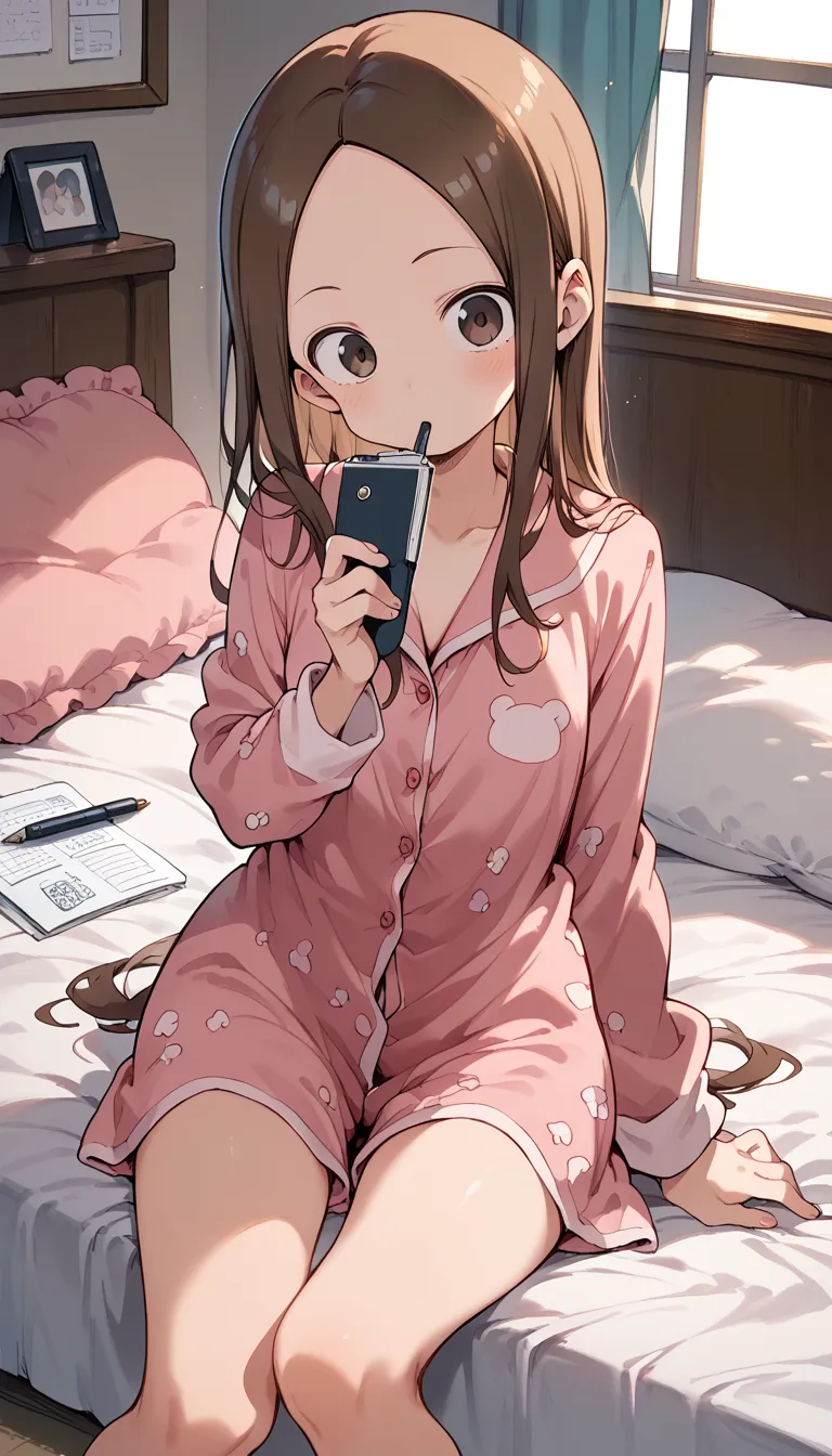 (Takagi)pink pajamas　bedroom　 bed with a pen in between　straight hair