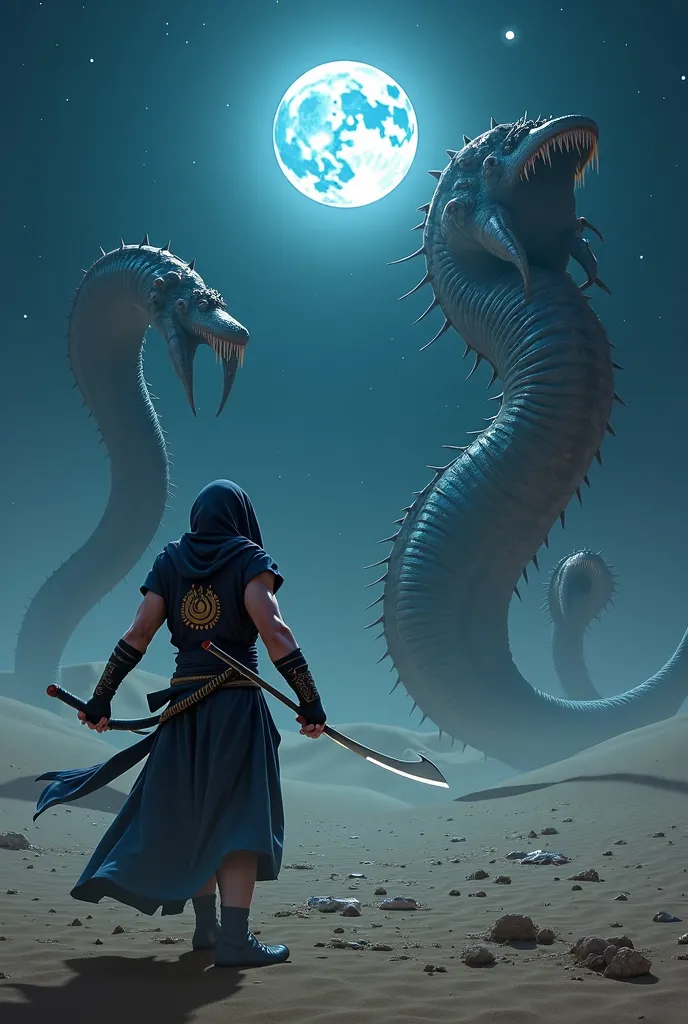 Egyptian ninja fighting sandworms at night, with the word "cix"  on the Moon