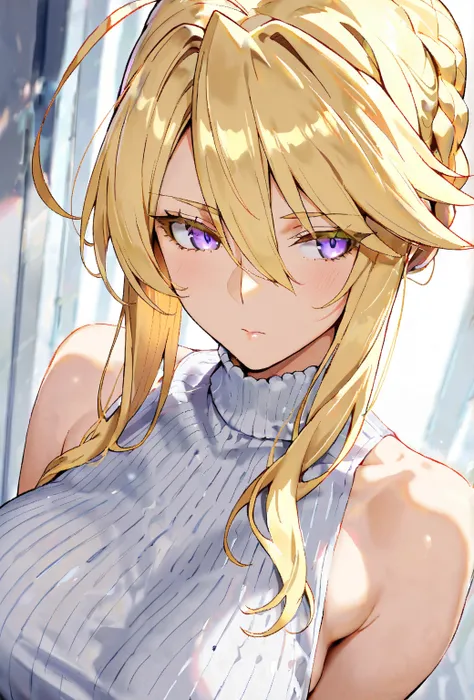 Masterpiece, 1girl, artoria pendragon (lancer) (fate), elegant mature woman, sophisticated, slim, sleeveless turtleneck, upper body, ultra detailed, highres, absurdres, dynamic angle, purple eyes, long blonde hair, hair inbetween eyes.