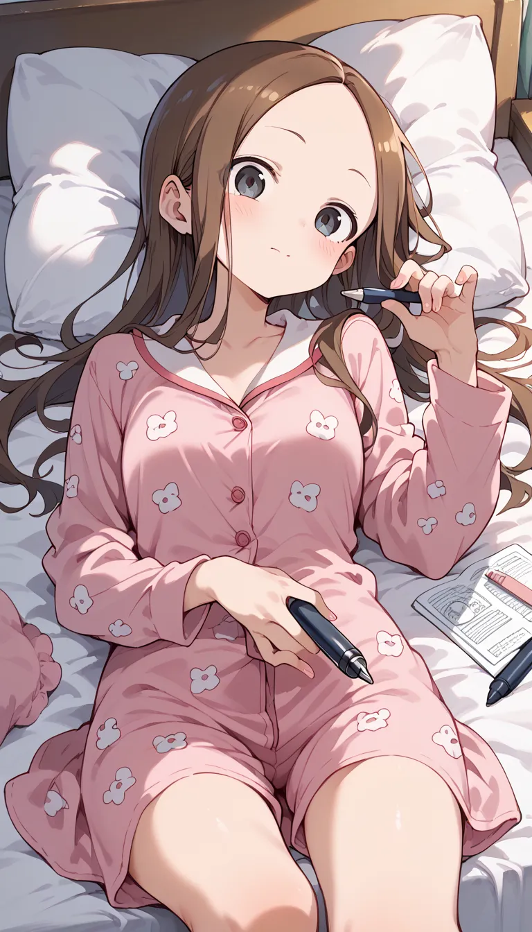 (Takagi)pink pajamas　bedroom　 bed with a pen in between　straight hair