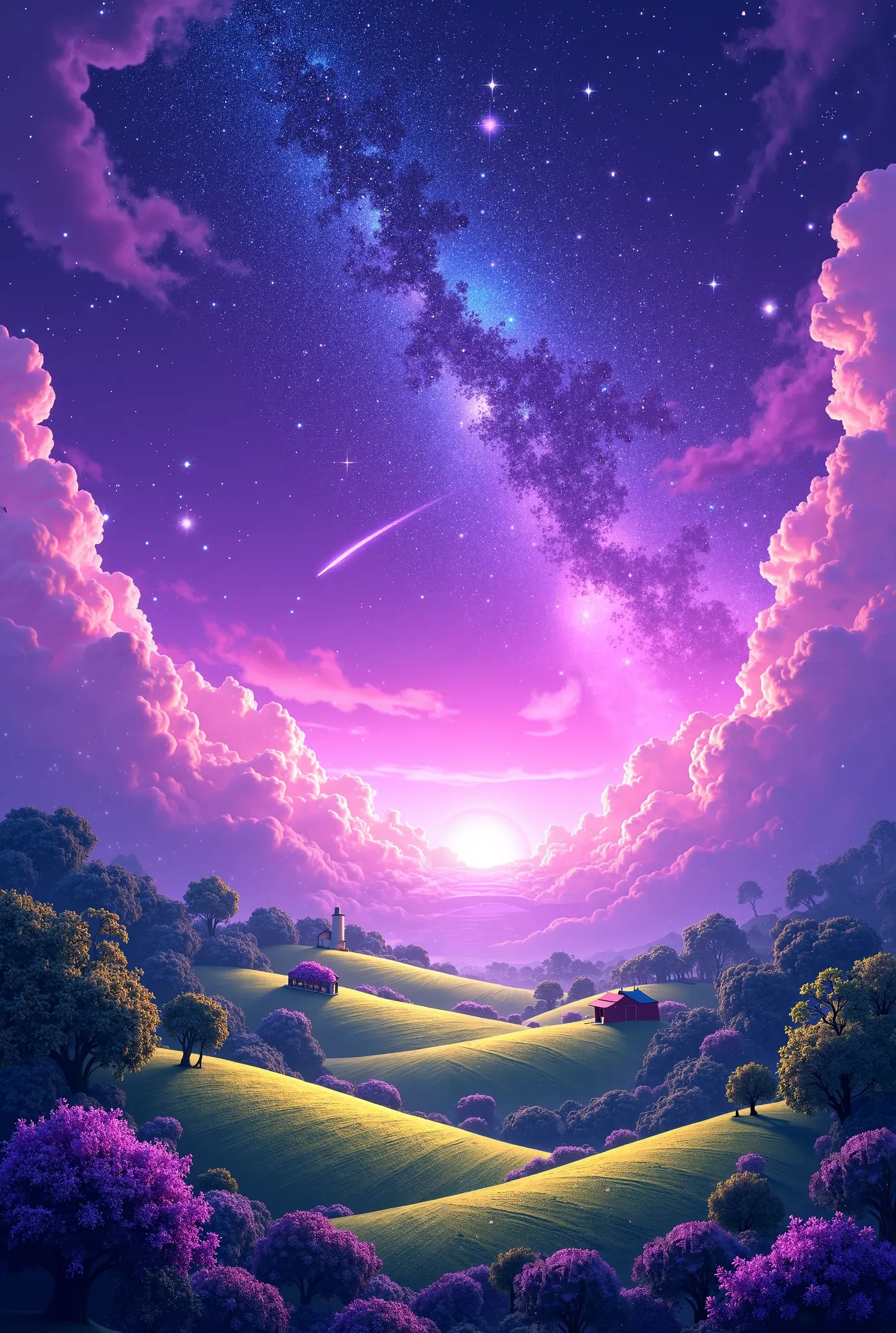 Create an image with a purple background with stars and a world with the background of a farm 