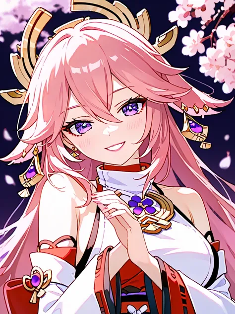 female,woman,yae miko\(genshin), detached sleeves, bare shoulders, pink hair, long hair, japanese clothes,(hair ornament:1.35),jewelry,purple eyes,earrings,cherry blossoms,long sleeves,thick lips,fair skin,glossy texture,pink lips,white collared shirt
BREA...