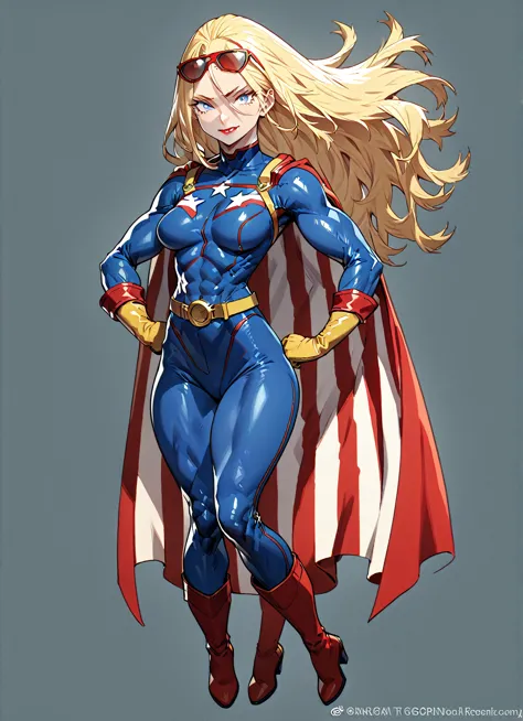 (My Hero Academia Style), (High Quality), 1girl, solo, (mature woman), (red lipstick), (haughty expression), (blue eyes), (blond hair), (long hair), (american flag themed hero suit) (navy blue skin-tight hero suit with red lines), (Full Body hero suit), (a...