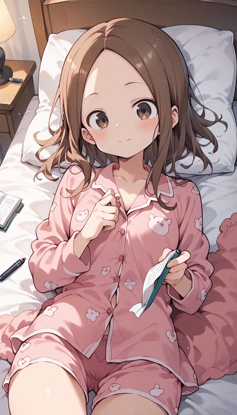 (Takagi)pink pajamas　bedroom　 bed with a pen in between　straight hair