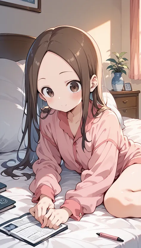 (Takagi)pink pajamas　bedroom　 bed with a pen in between　straight hair