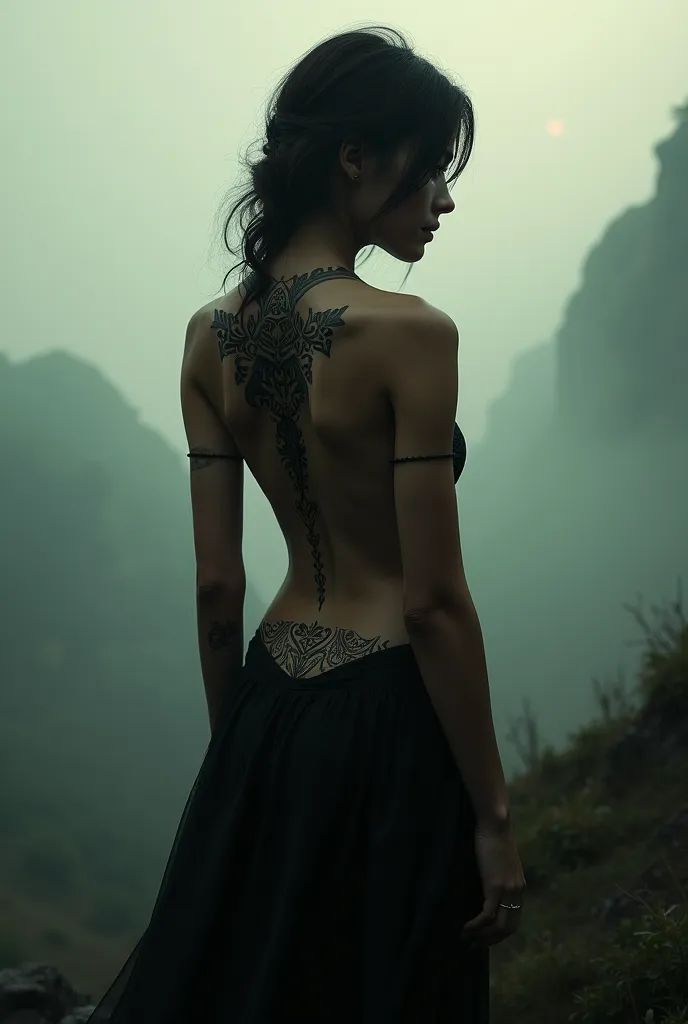 A woman from behind with a tribal tattoo on her lower back