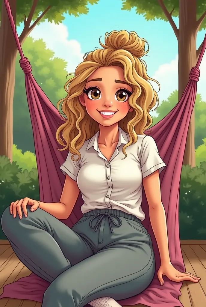 Create an adoodle art drawing of a smiling ren's teacher . A light beige skinned woman,Curly blond hair tied hairstyle style ,She has a lock of pink hair, brown eyes,Wearing sweatpants and a crisp Clarinho blouse,And socks on the feet . lying in a hammock ...