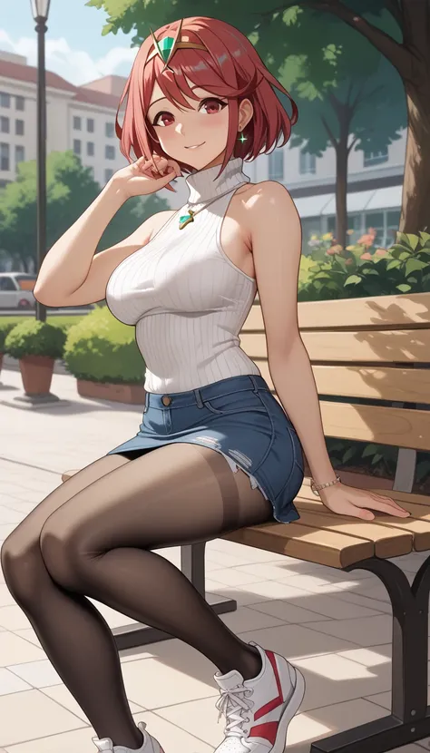  score_9,  score_8_up,  score_7_up,  source_ anime、Highest quality、8k、 masterpiece、super high definition、natural light、perfect anatomy、one woman、saggy breasts、glamorous physique、Pyra 、 cute face、(tight sleeveless rib knit sweater、 high neck)、denim micro sk...