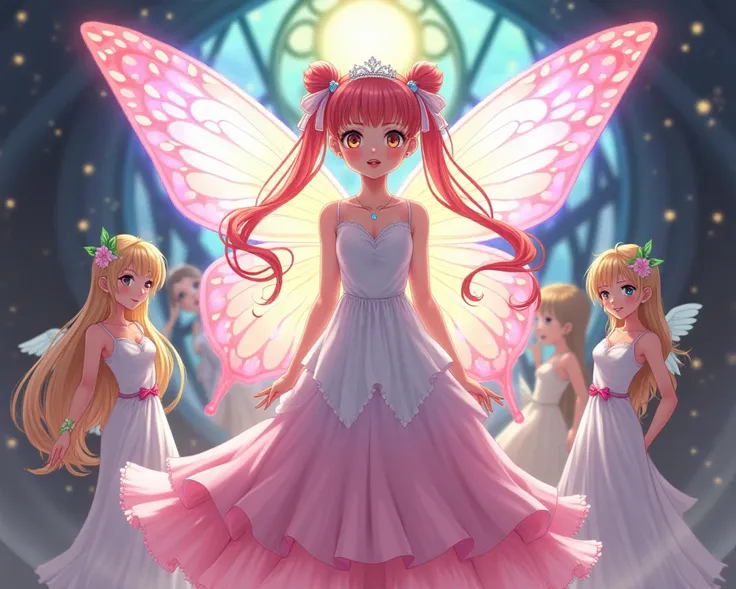 anime MidJourney style, illustrating an ethereal and colorful stained-glass window background of a fairy angel goddess, aged between 14-18, yet with a mature, adult-like presence. Her divine form blends the features of Chibiusa Tsukino from Sailor Moon, Ul...