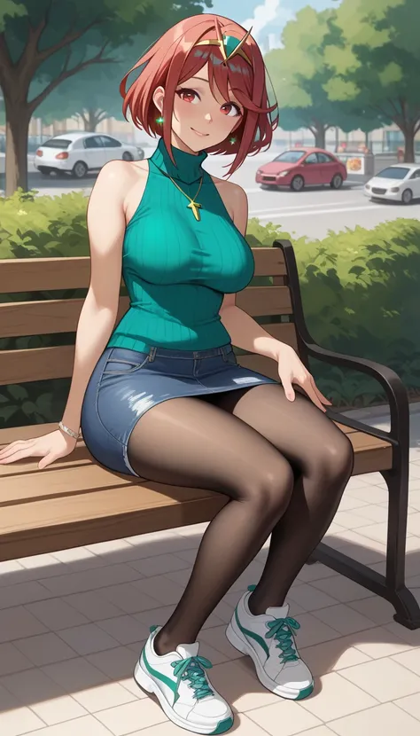  score_9,  score_8_up,  score_7_up,  source_ anime、Highest quality、8k、 masterpiece、super high definition、natural light、perfect anatomy、one woman、saggy breasts、glamorous physique、Pyra 、 cute face、(tight sleeveless rib knit sweater、 high neck)、denim micro sk...