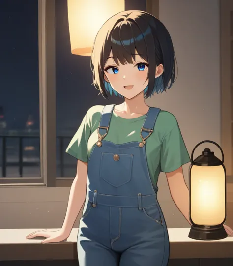  score_9,  score_8_up,  score_7_up,  score_6,  score_5_up,  score_4_up， source_anime break，nsfw， uncorrected，best 1 young girl, aksn_cs， Low， body type， blue eyes,  short hair， Lantern， stupid hair ，bangs，amount，blue overalls， green shirt，standing, video v...