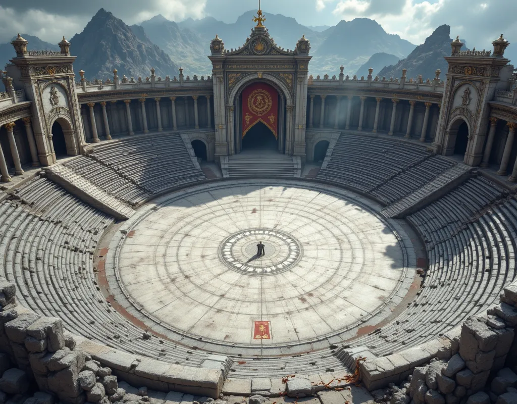 Masterpiece, Best Quality, Super Detail, battle arena like a coloseum, no people just empty seats, but accessoires, luxury arena with grey and white stone, view from above looking down straight, emty chairs, dnd map style