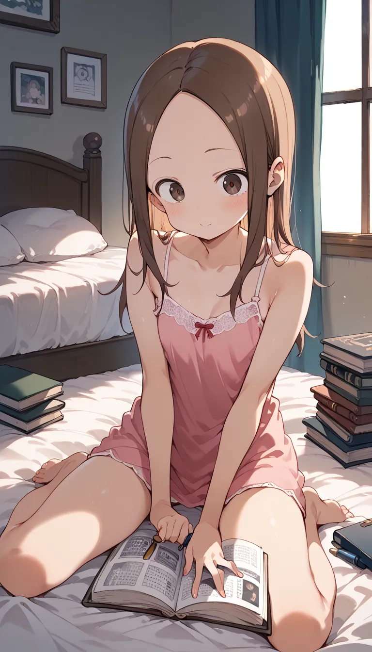 (Takagi)pink camisole　bedroom　 bed with a pen in between　 books