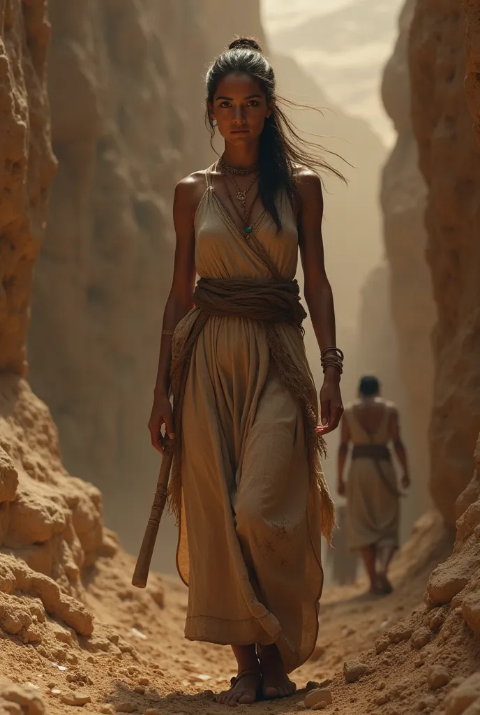 A beautiful peasant woman from ancient Egypt, Sumerian descendant. In a stone-mining slave mine.