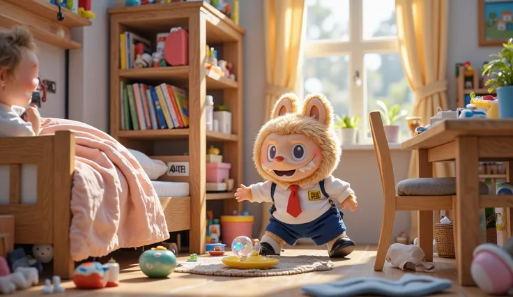 Full-length hyper-realistic Labubu. A colorful cartoon illustration. Labubu, a small furry brown creature with big eyes, looks panicked in his bedroom. He is already dressed in his school uniform: a white shirt with a red tie, blue shorts, and neat black s...