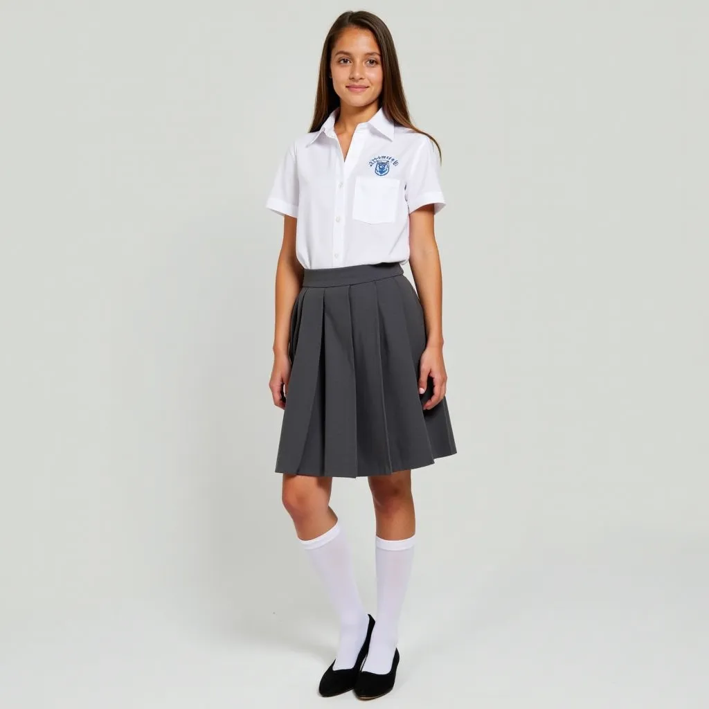 Female Brazilian high school uniform (Catholic)

Blouse: White short-sleeved dress shirt with the school emblem embroidered on the left chest pocket.

Skirt: Dark gray pleated skirt, knee-length.

Socks: White, knee-high.

Shoes: Black closed-toe ballet fl...