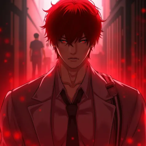 1Man Good appearance, short red hair, brown eyes, red light aura eyes, good shape, tall, school shirt, school background, high definition, depth of field, best quality, Quality on the floor, a lot of people are in pain, red aura lights, yakuza is coming to...