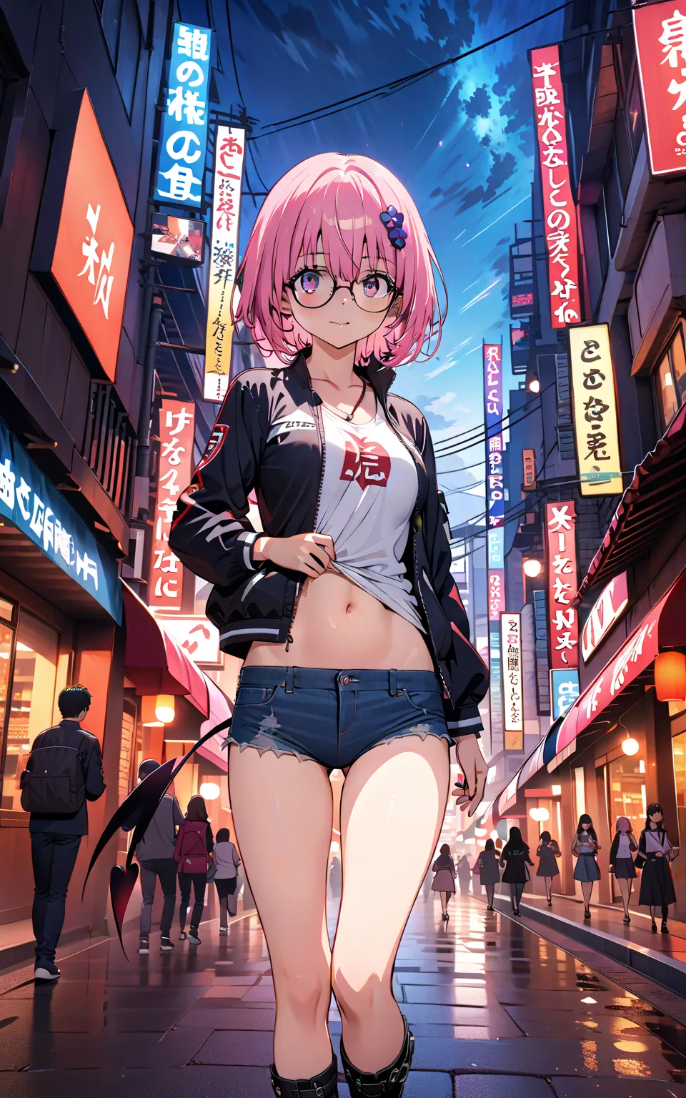 モモデbuildingケ, モモ・デbuildingーク, demon Tail,  Hair Flower, hair ornaments close to the garden, purple eyes, pink hair,  short hair, Medium breast,胸の谷間,Tail,riders jacket,tank top outside of anime,Underbomb,belly button sticking,Bare legs,denim micro shorts,gl...