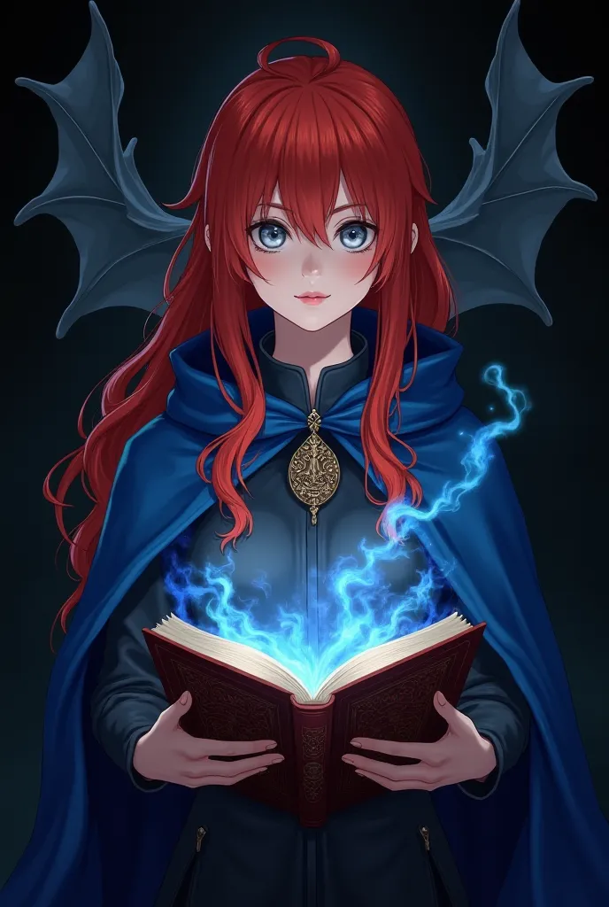 A fantasy cover that in the middle features a red-haired woman with gray eyes with a cape like those in the anime Black Clover but in blue that covers everything with a book that contains magic but that is realistic and the background that is black with a ...