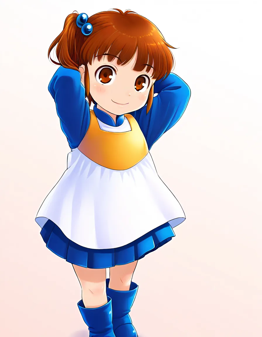 PuyoArleYH,1girl,solo,brown hair,brown eyes,hair bobbles, yellow collar, kindergarten uniform,smile,blue skirt,blue boots,smile, arms behind head, white background, masterpiece, best quality, very aesthetic, absurdres,hand