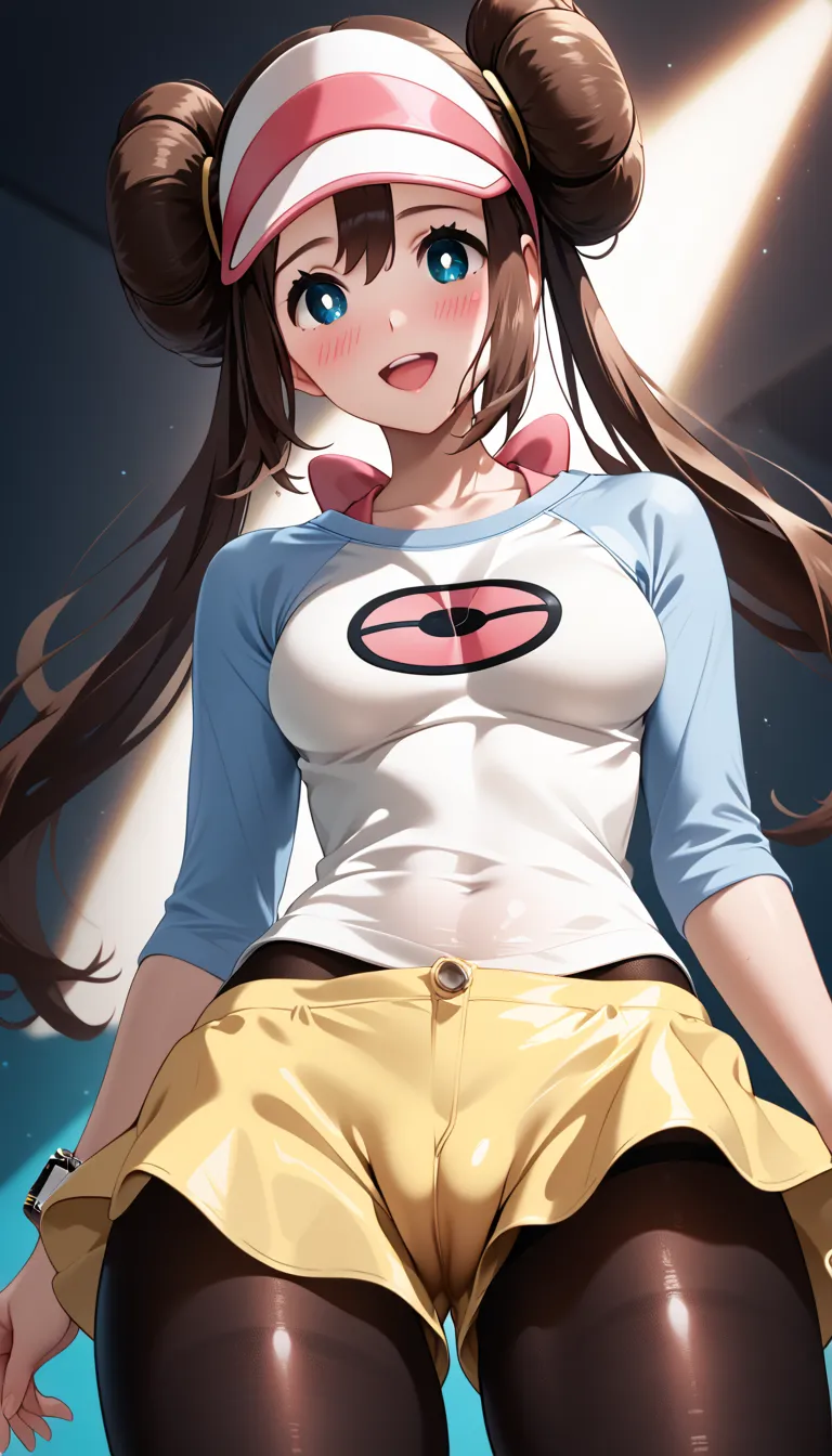 aarosa, long hair, brown hair, double bun, twintails, visor cap, blue eyes, medium breasts, 
 open mouth, shy smile, Blushing, looking at viewer, (contrapposto),                                                                    collarbone, pink bow, shirt...