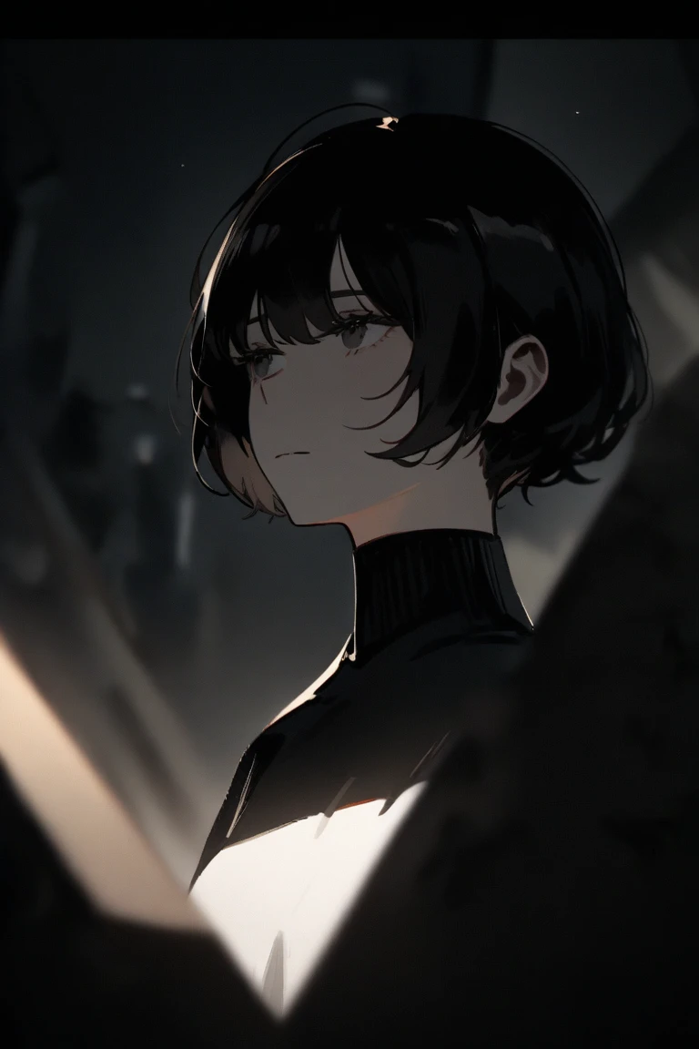 an emo girl, With black turtleneck blouse. short black hair, blonde mechas