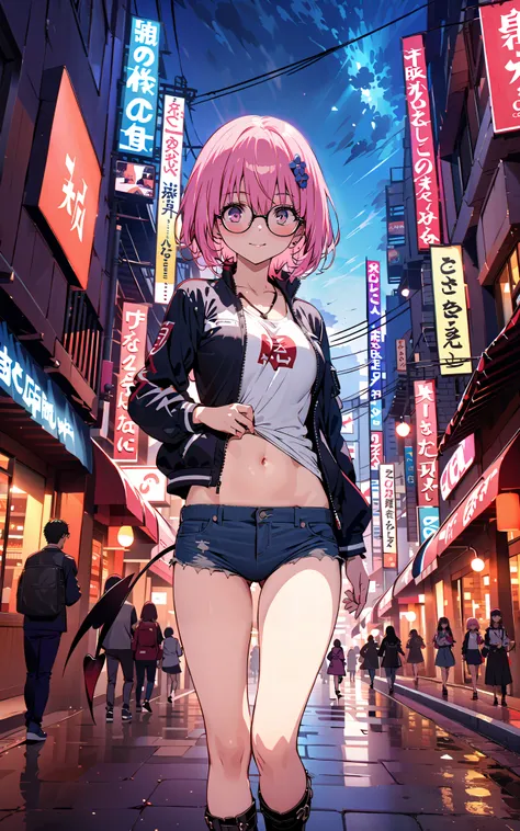 モモデbuildingケ, モモ・デbuildingーク, demon Tail,  Hair Flower, hair ornaments close to the garden, purple eyes, pink hair,  short hair, Medium breast,胸の谷間,Tail,riders jacket,tank top outside of anime,Underbomb,belly button sticking,Bare legs,denim micro shorts,gl...