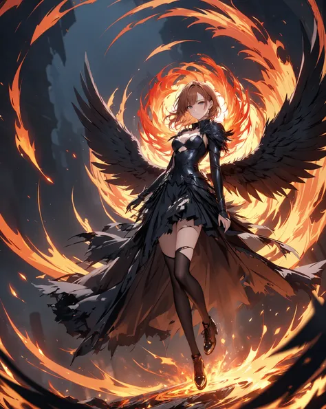 A Floating Feather, Demon World, Fallen Angel, Spiral of Fire, Ever Darkness, Torn Wings, (Misaka Mikoto), masterpiece, highest quality, UHD, retina, masterpiece, accurate anatomy, super detailed, high quality, best quality, 8k