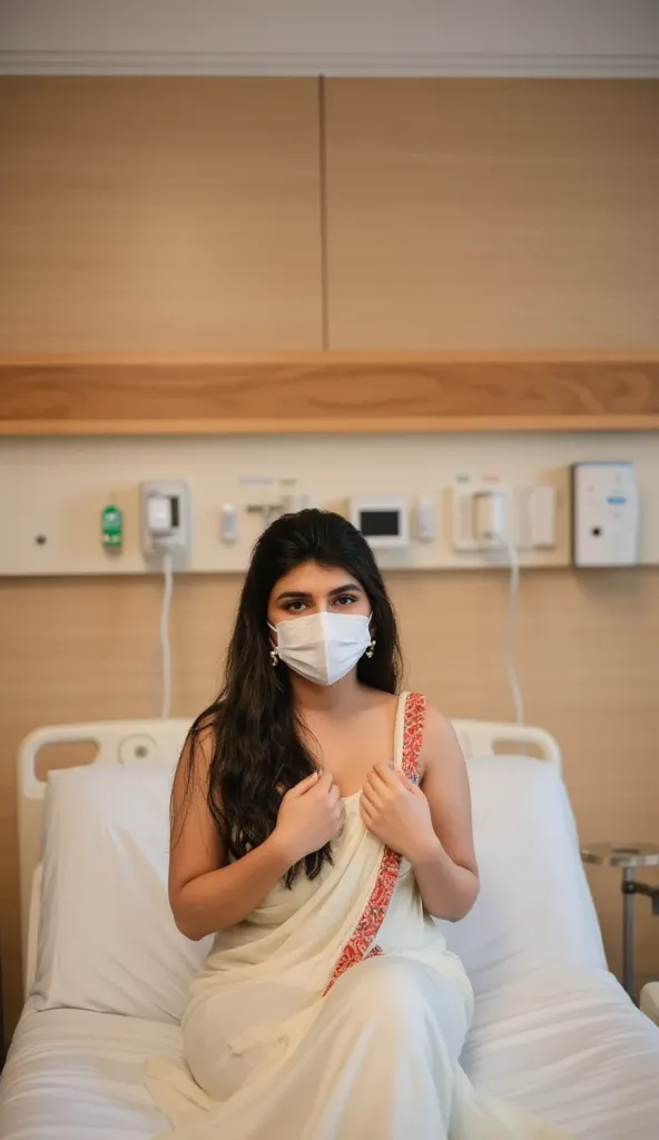 4k,instagram photo, 22 years old, indian girl on hospital bed, surgical mask, (traditional ajrakh pattern printed twisted strapless bandeau),(sindoor), (busty, huge breasts, thick arms, wide waist, oiled up shiny glossy skin, wet skin, hourglass figure, cu...