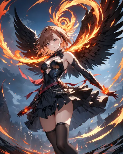 A Floating Feather, Demon World, Fallen Angel, Spiral of Fire, Ever Darkness, Yatsubasa, (Misaka Mikoto), masterpiece, highest quality, UHD, retina, masterpiece, accurate anatomy, super detailed, high quality, best quality, 8k