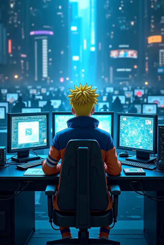 Naruto as a  sitting at a bottomless computer desk.