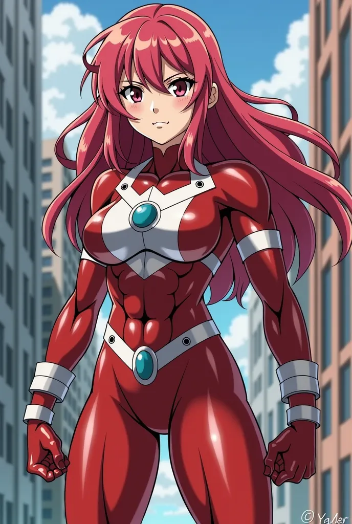  My Hero Academia Style , Anime girl, female, young female,muscular female,Full Body Shot,(fighting Pose:2),Long hair, Red Hair,  Brown Eyes,Hero Suit, Full Body Suit, red suit with white details,small round blue jewel in the center of the chest, perfect a...