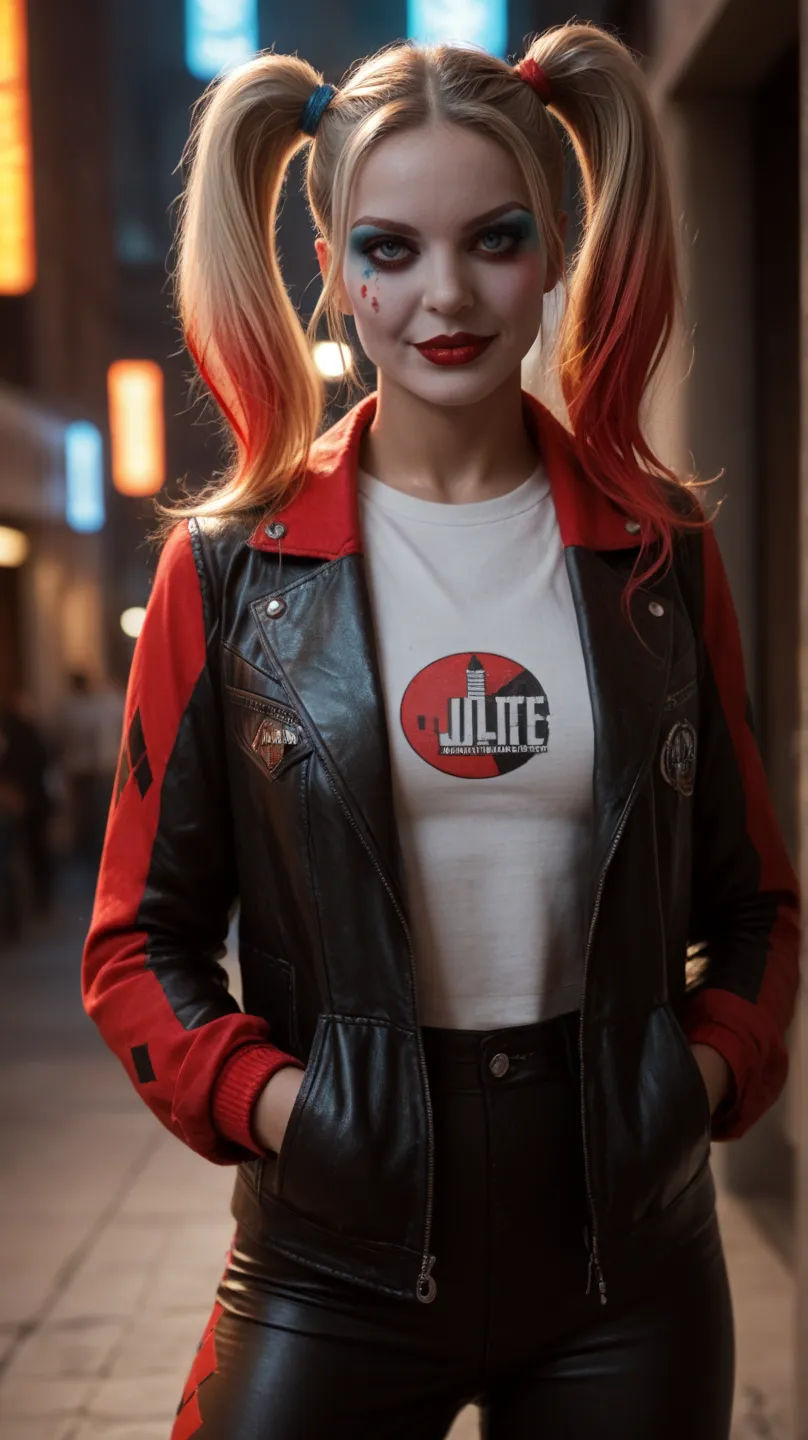 Woman Harley Quinn DC Comics Smiling Classic Leather Clothing High Definition 4k Resolution Full Body Erotic Pose Perfect Hands Long Hair, seen from above, Necessary, best quality, Anatomically Correct,  Scenario: Gothan Jacketa's Hands in Pockets